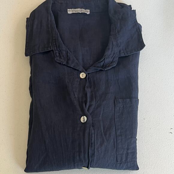 Elena Baldini Blouse Women's Size M Dark Blue Button Up Collared Linen - Picture 8 of 8
